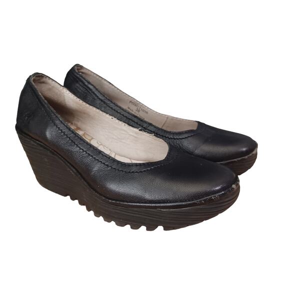 Fly London Shoes - Fly London Black Yaz Ballerina Wedge Pump Leather Slip-on Cushioned Comfort